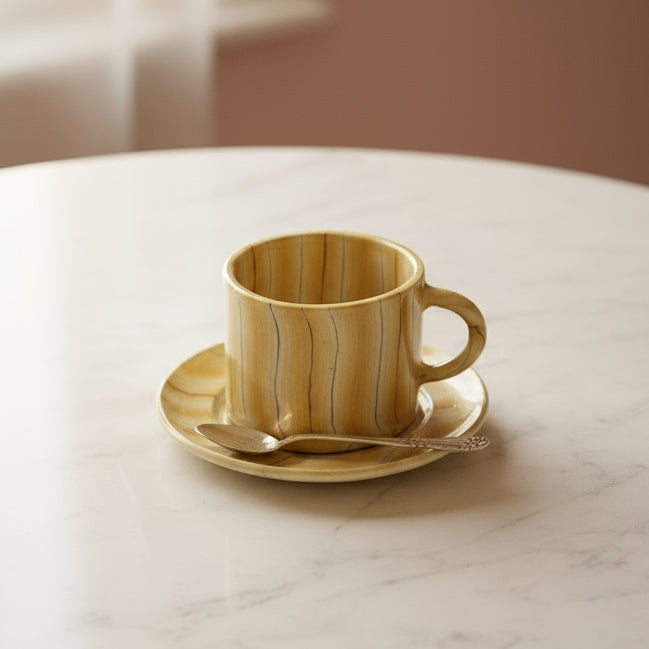 HANDMADE MARBLED CERAMIC CUP AND SAUCER IN YELLOW