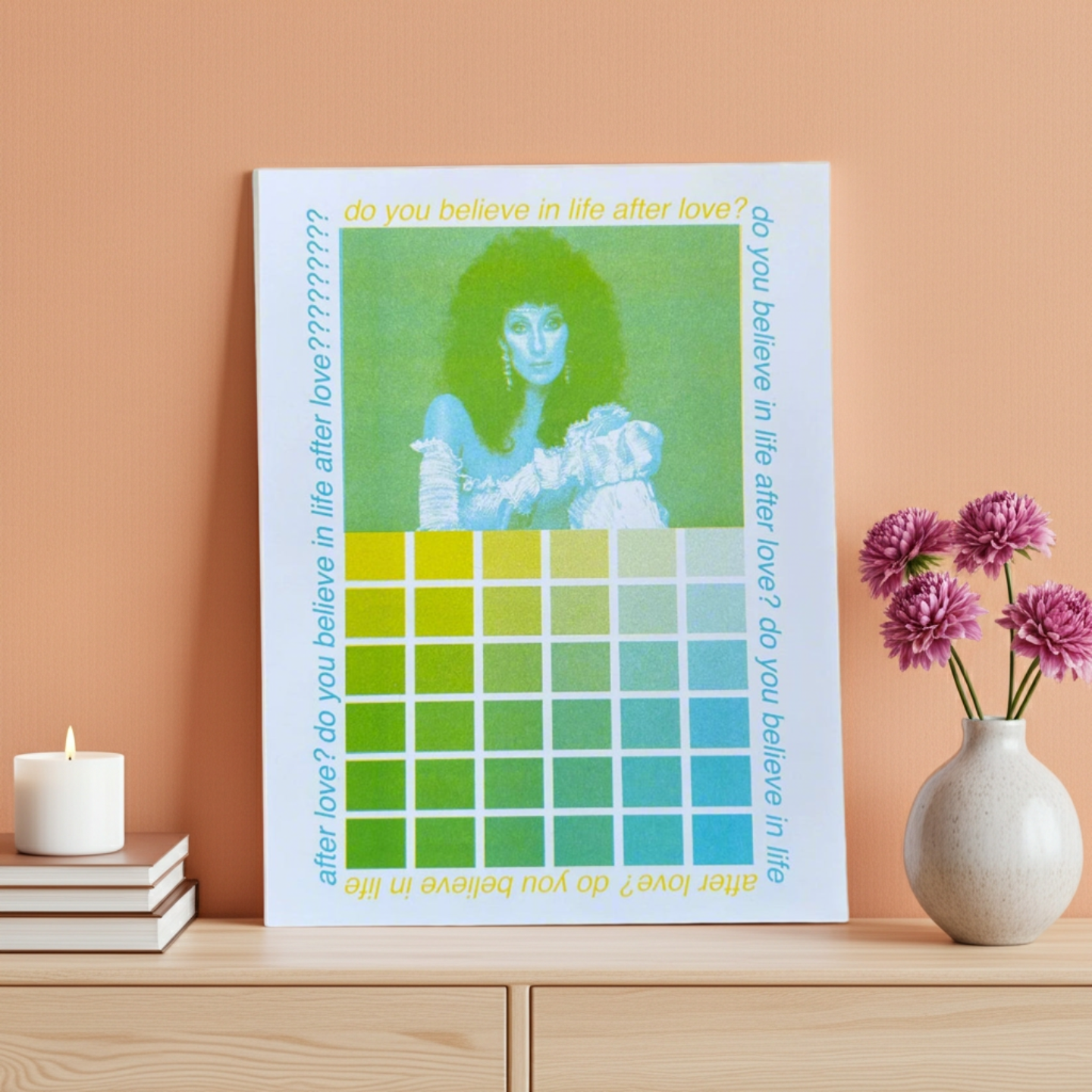 "DO YOU BELIEVE IN LIFE AFTER LOVE?" CHER RETRO GREEN PRINT