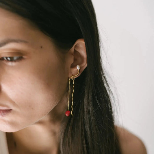 SCULPTURAL GREY PEARL AND RED AGATE EARRINGS