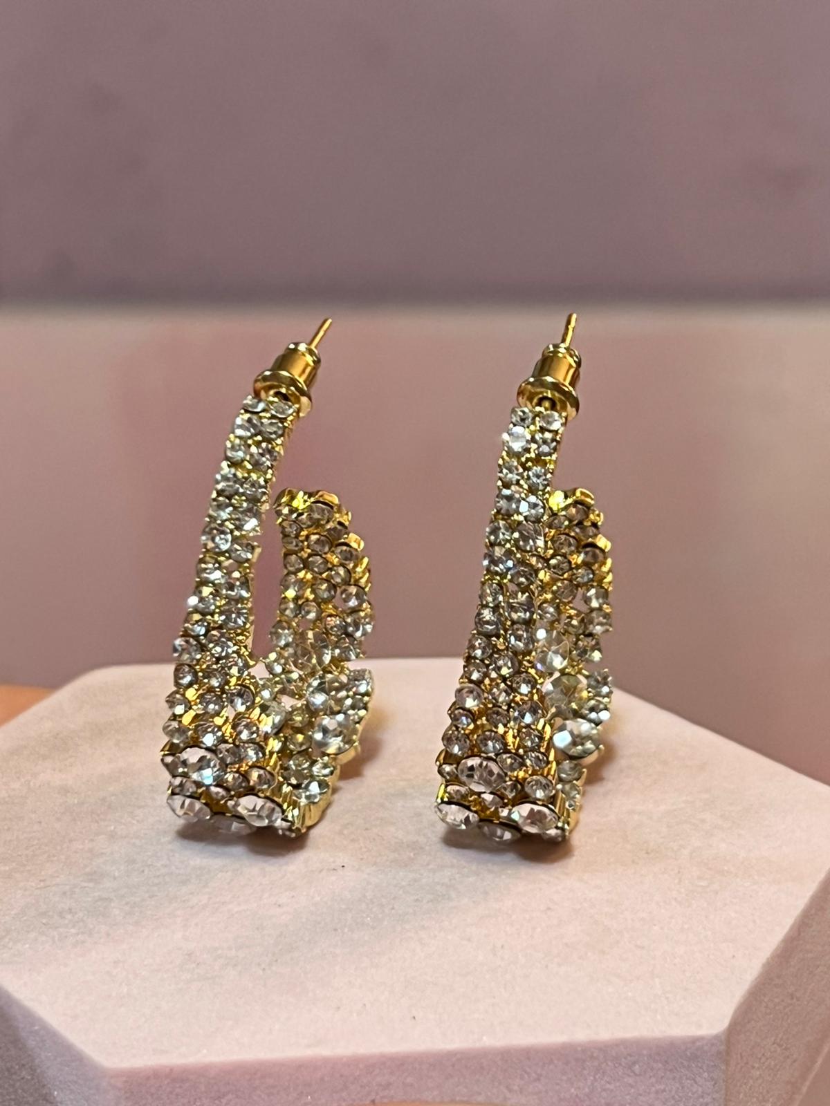 GOLD DROP HOOP EARRINGS WITH CRYSTALS