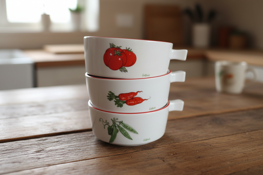 Stack of ceramic bowls with tomato and chili pepper design on a white background, labeled 'Handpicked Vintage Gem'.
