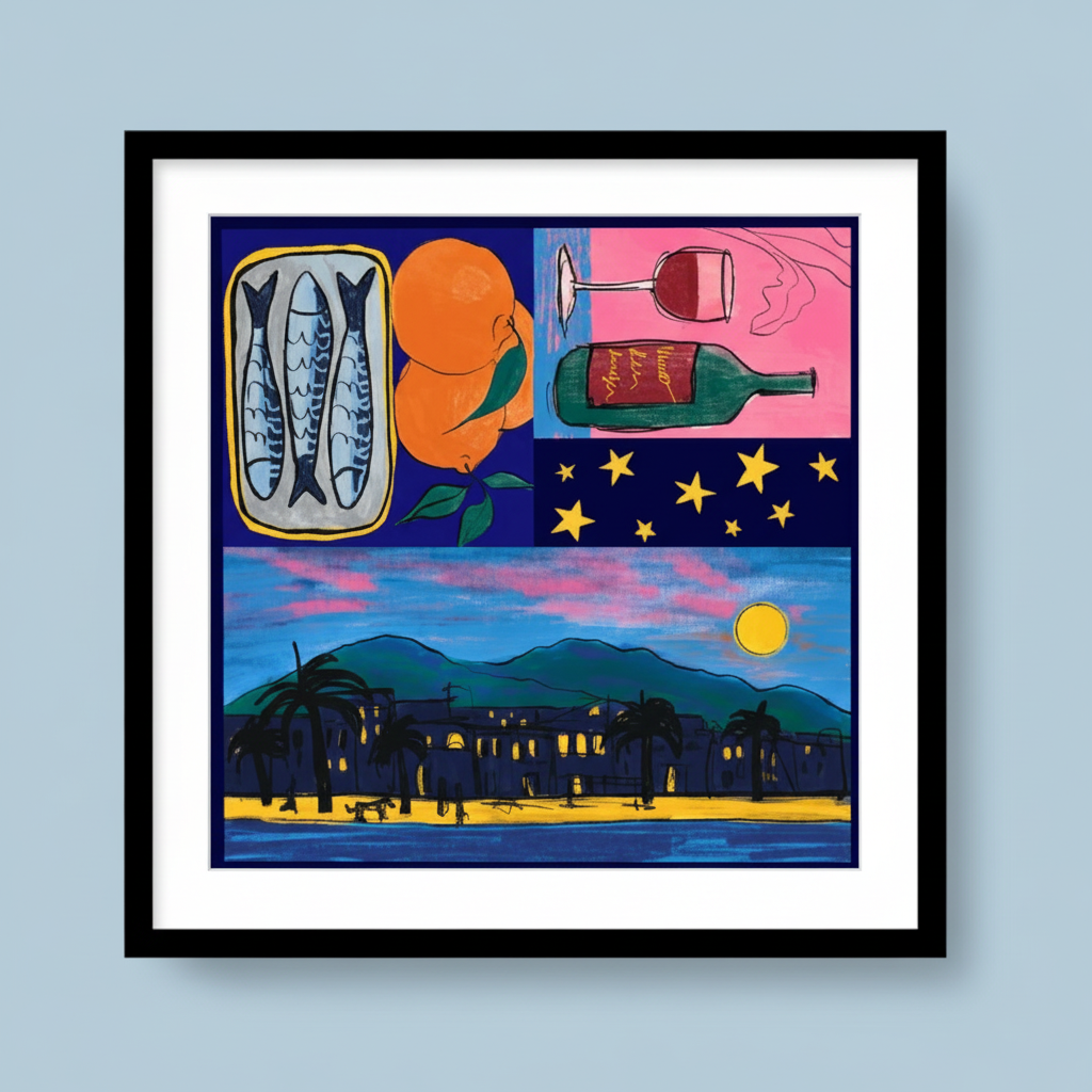 Framed artwork with colorful abstract design featuring fish, wine bottle, and sunset scene.
