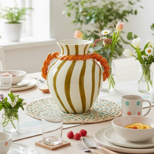Striped vase with orange handles on a white background