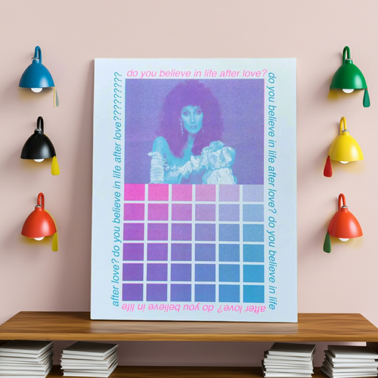 "DO YOU BELIEVE IN LIFE AFTER LOVE?" CHER RETRO BLUE PRINT