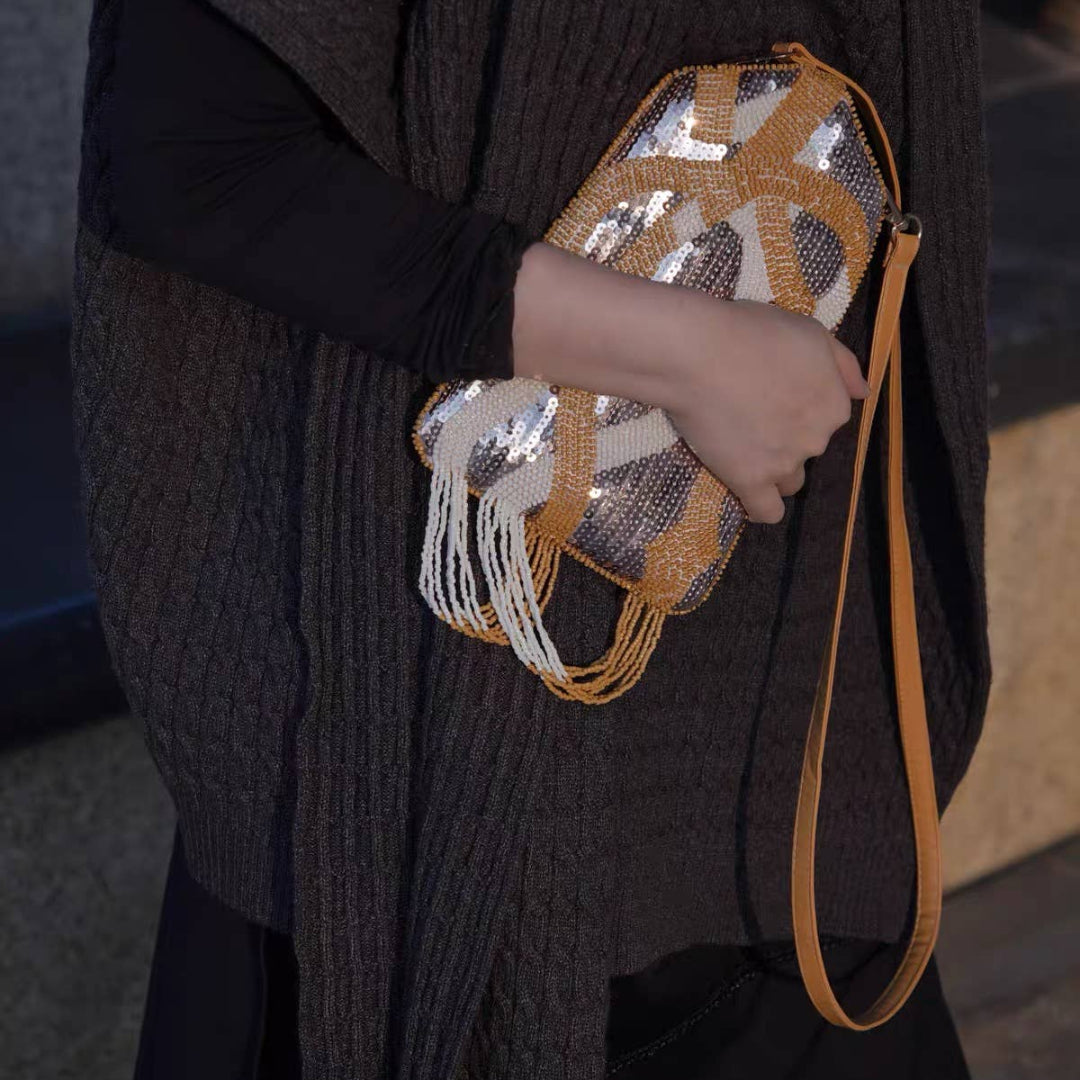HANDMADE BEADED WHITE AND BRASS BAG