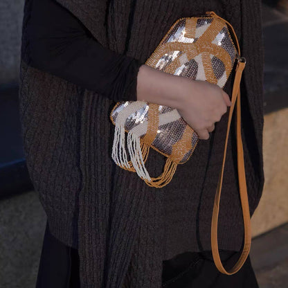 HANDMADE BEADED WHITE AND BRASS BAG