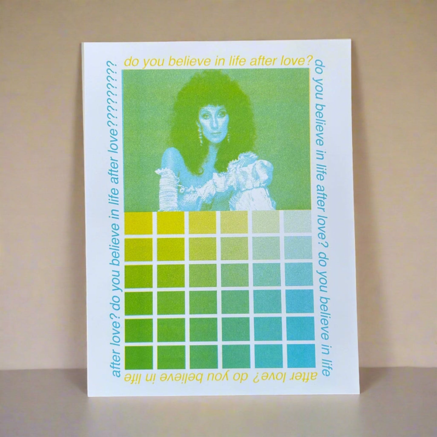 "DO YOU BELIEVE IN LIFE AFTER LOVE?" CHER RETRO GREEN PRINT