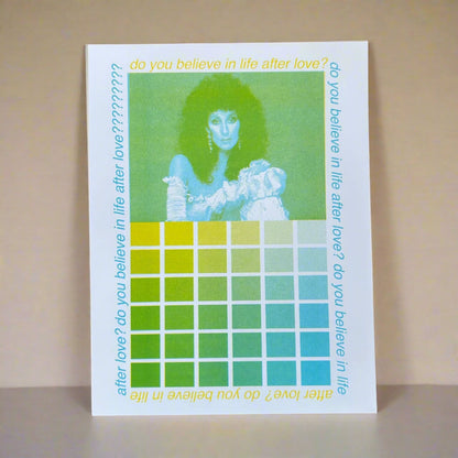 "DO YOU BELIEVE IN LIFE AFTER LOVE?" CHER RETRO GREEN PRINT