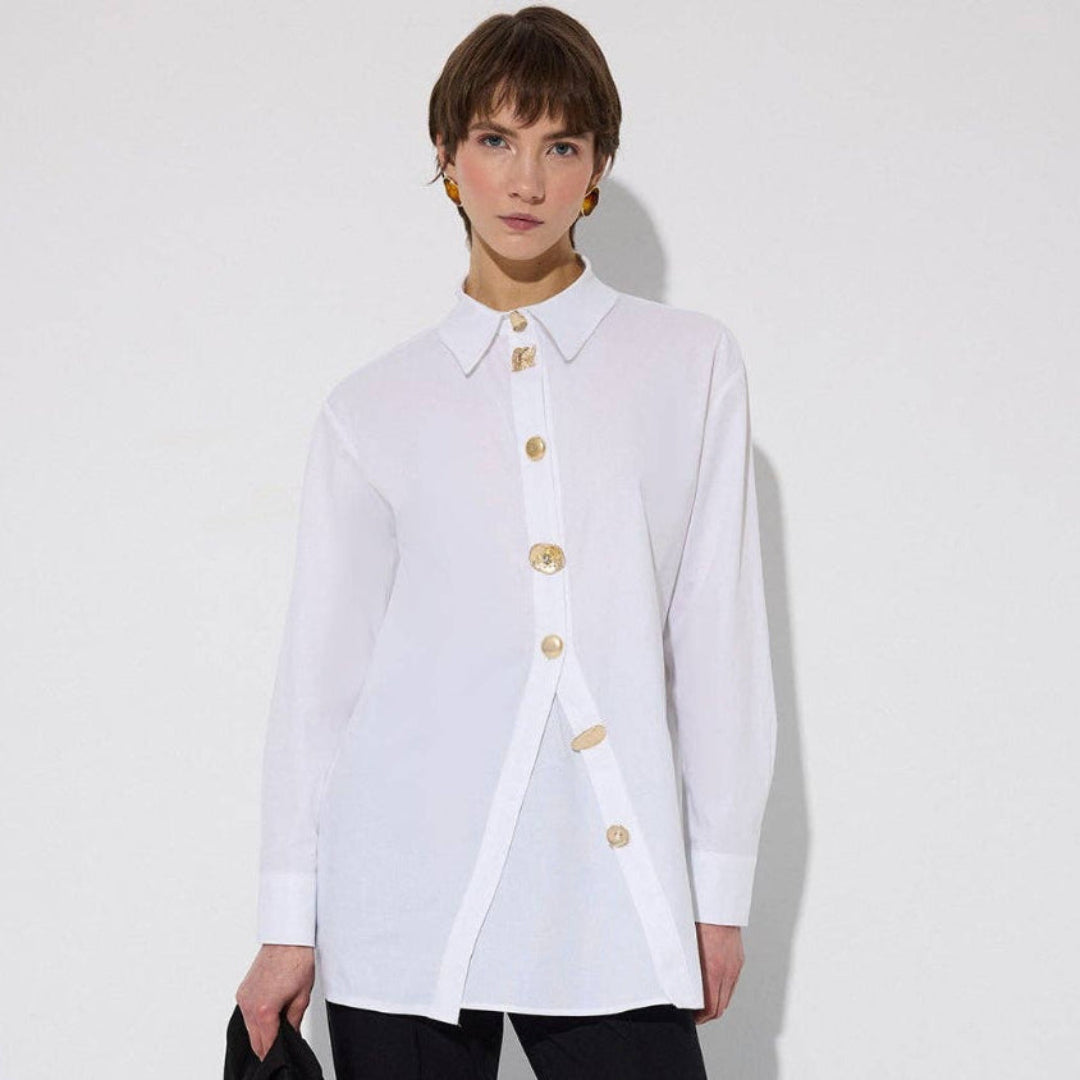 GOLD BUTTONS WHITE SHIRT