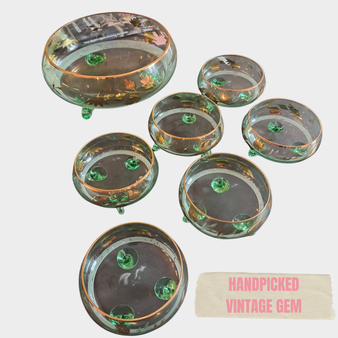 VINTAGE SET OF 7 GREEN GLASS BOWLS WITH GOLD DETAIL