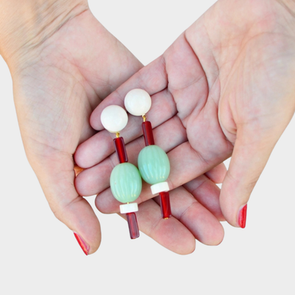 PRAGUE PENDANT EARRINGS IVORY, BURGUNDY & GREEN