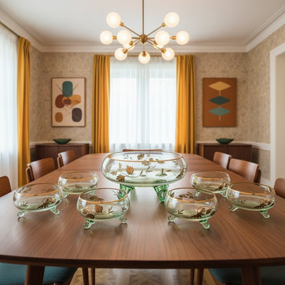 VINTAGE SET OF 7 GREEN GLASS BOWLS WITH GOLD DETAIL