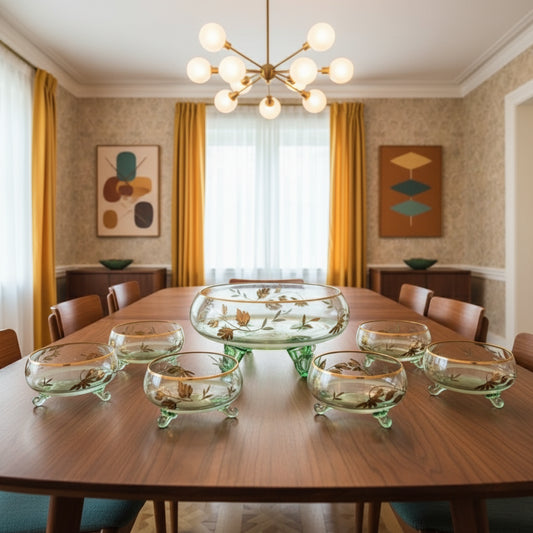 VINTAGE SET OF 7 GREEN GLASS BOWLS WITH GOLD DETAIL