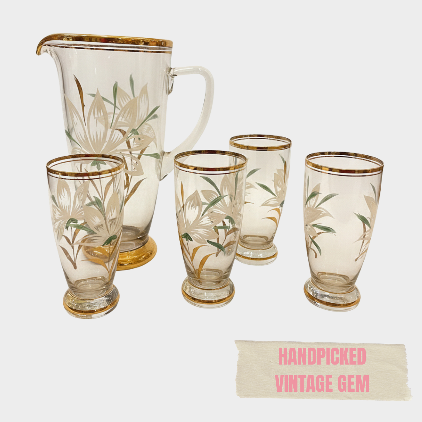 VINTAGE LILLY PITCHER AND SET OF 4 GLASSES