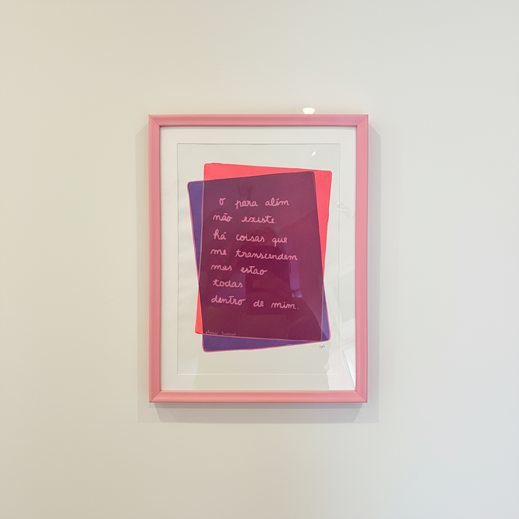 Framed artwork with pink border and text on a white background