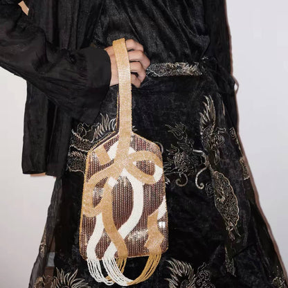 HANDMADE BEADED WHITE AND BRASS BAG