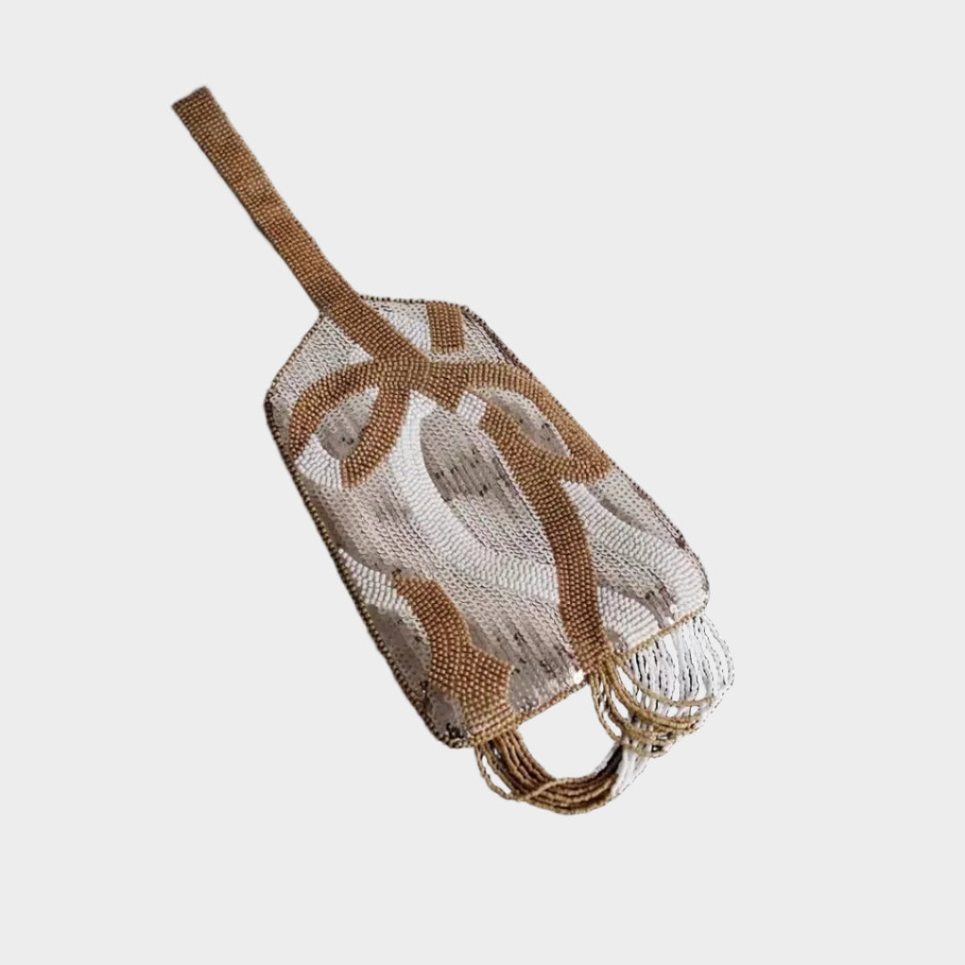 HANDMADE BEADED WHITE AND BRASS BAG