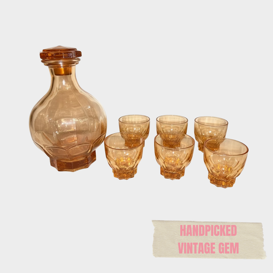 LARGE PINK VINTAGE GLASS CARAFE & CUP SET