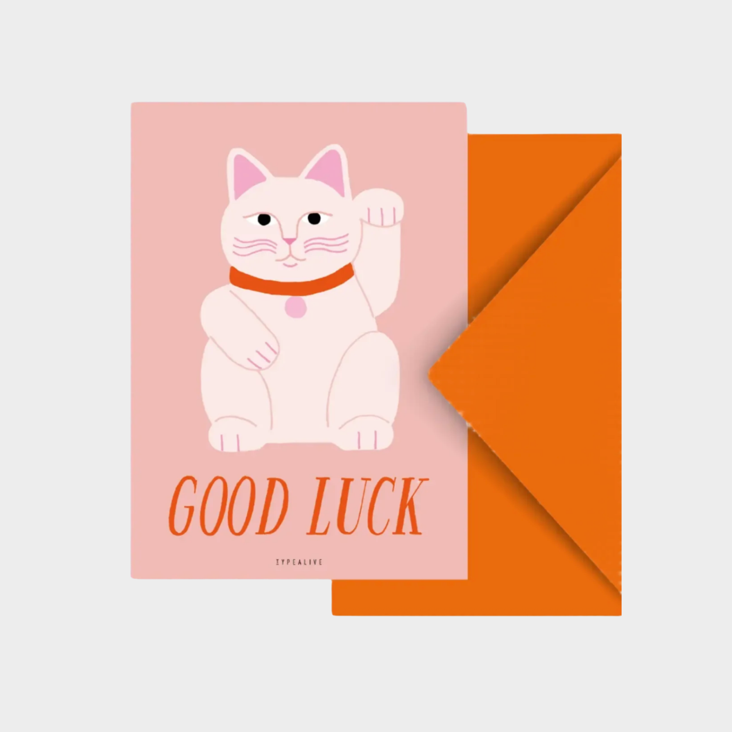 Greeting card with a cat illustration and 'Good Luck' text, paired with an orange envelope on a light gray background.