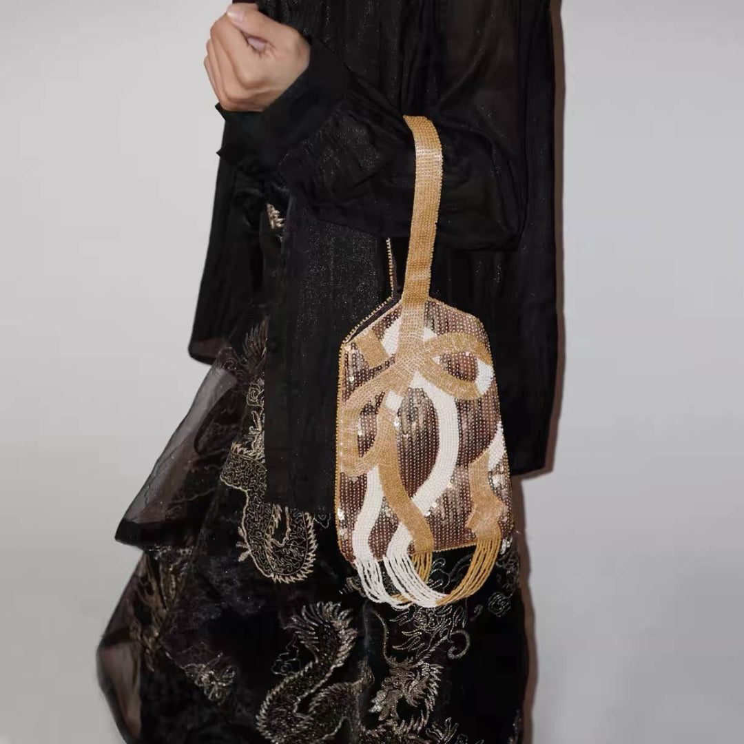 HANDMADE BEADED WHITE AND BRASS BAG