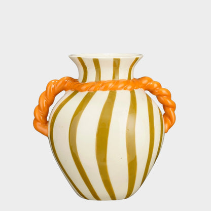 STRIPED VASE WITH ORANGE ROPE HANDLES