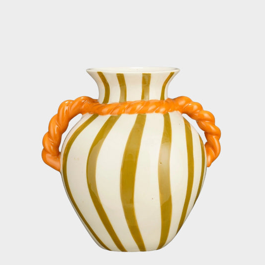 STRIPED VASE WITH ORANGE ROPE HANDLES