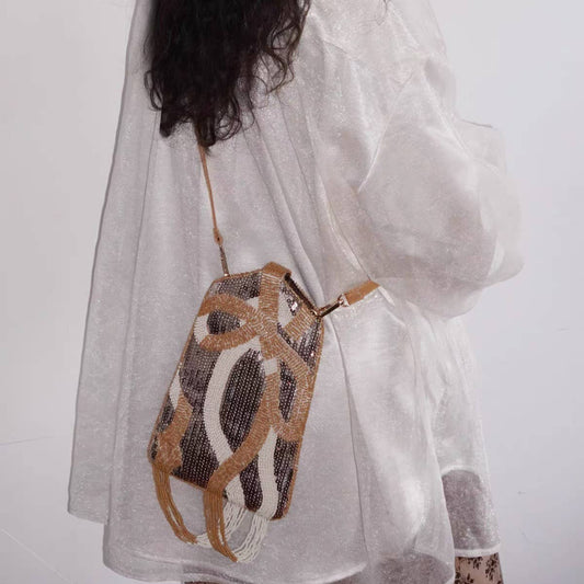 HANDMADE BEADED WHITE AND BRASS BAG