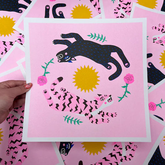 PANTHER & TIGER ON PINK PRINT