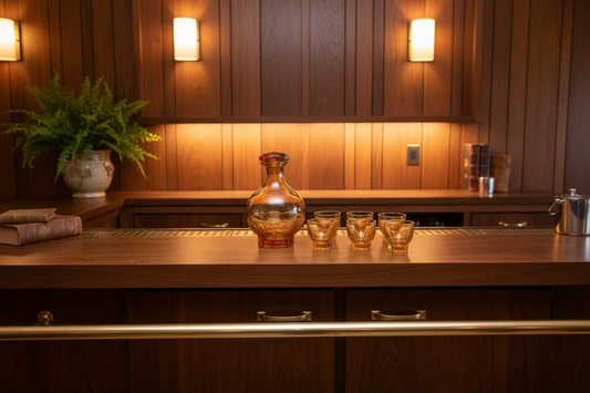 LARGE PINK VINTAGE GLASS CARAFE & CUP SET