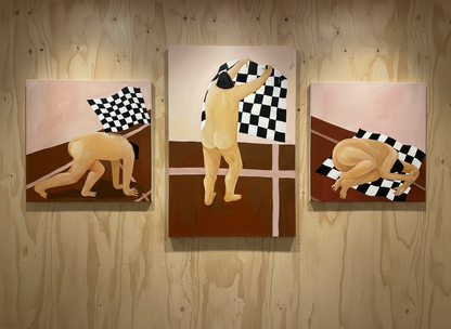 Three abstract paintings of nude figures on a wall with checkered flags.