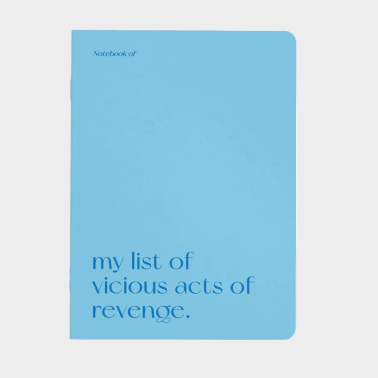 Blue notebook with text on a white background