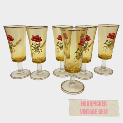 VINTAGE FLORAL AMBER GLASSES SET OF 6