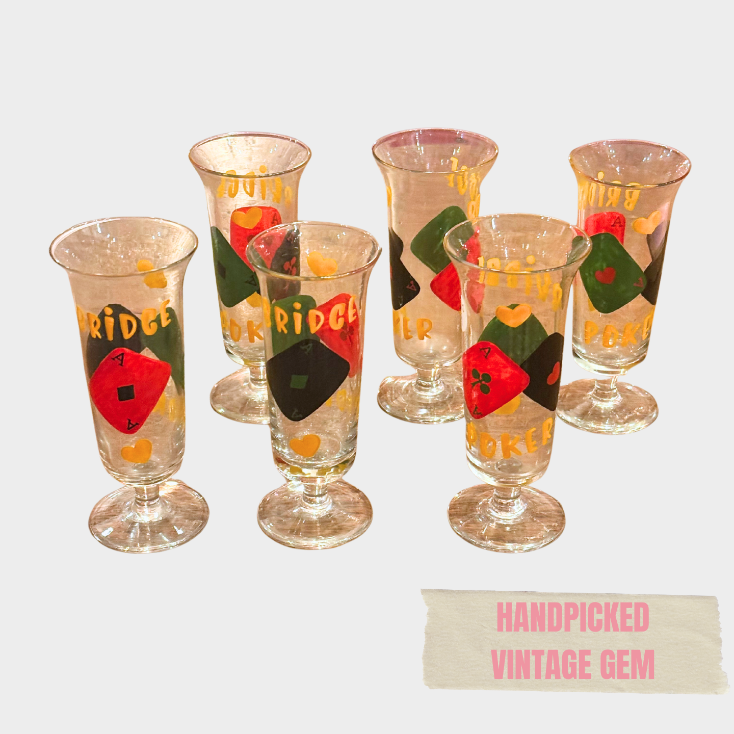 VINTAGE GLASSES SET IN PLAYING CARDS DESIGN