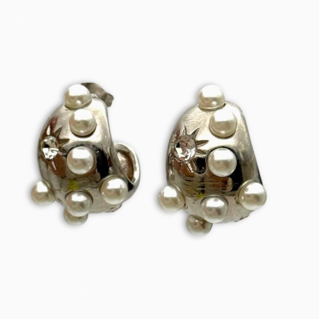 SILVER STAR & PEARLS HOOP EARRINGS