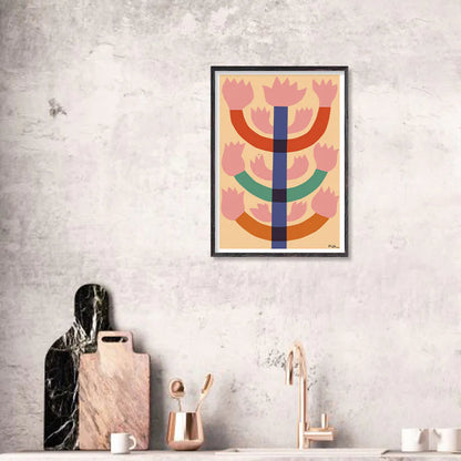 Colorful abstract art print on a gray wall above a kitchen counter.