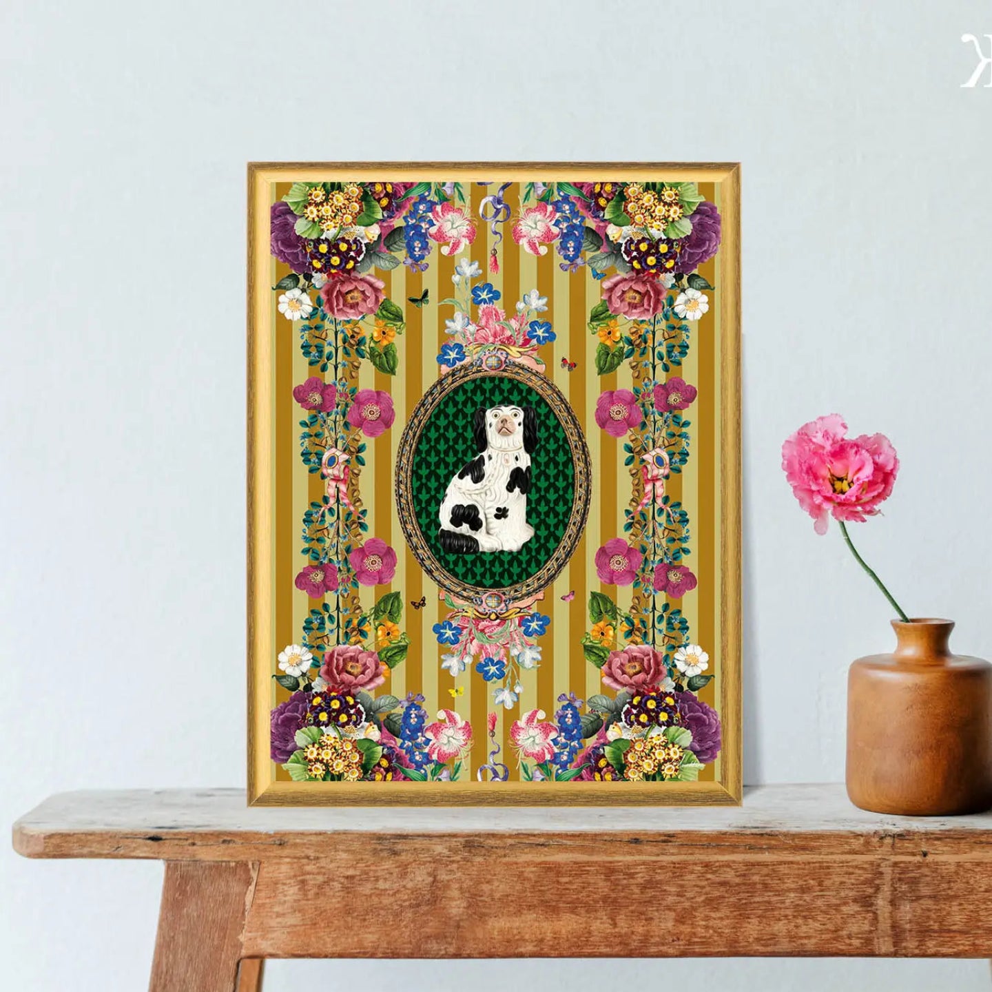 VINTAGE STAFFORDSHIRE DOG AND FLORALS PRINT