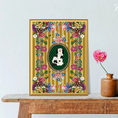 VINTAGE STAFFORDSHIRE DOG AND FLORALS PRINT