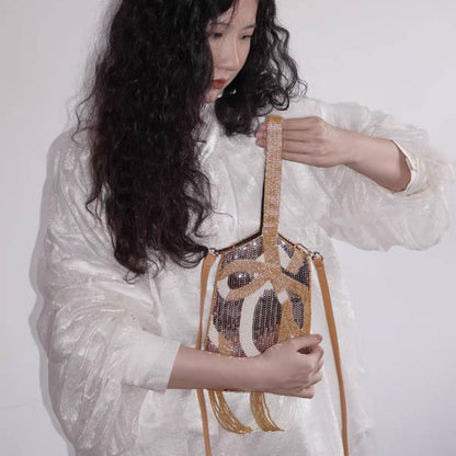 HANDMADE BEADED WHITE AND BRASS BAG