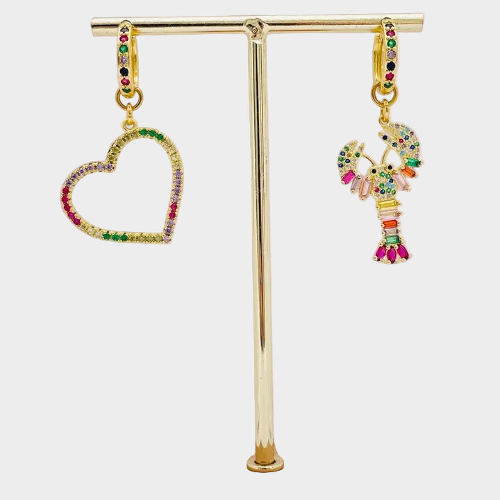 MISMATCHED HOOP EARRINGS LOBSTER AND HEART