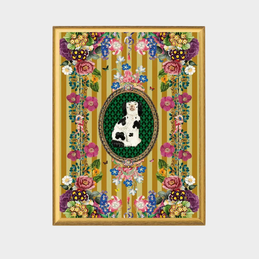 VINTAGE STAFFORDSHIRE DOG AND FLORALS PRINT