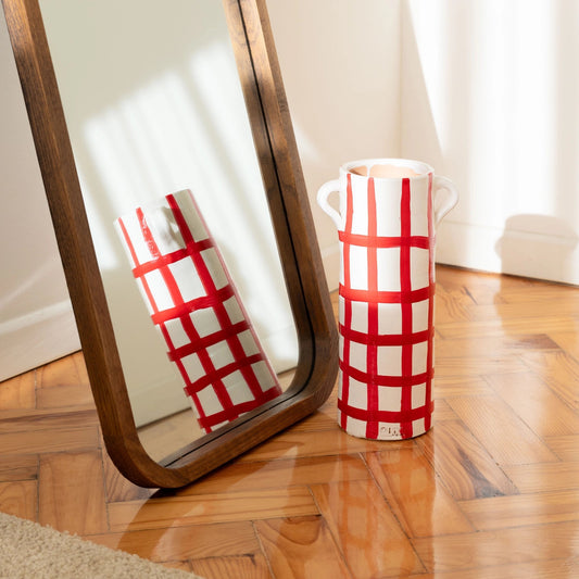 RED SQUARES GINGHAM CERAMIC VASE