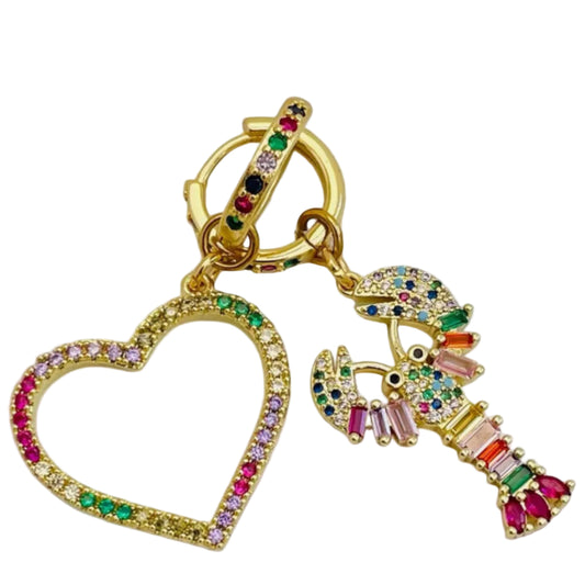 MISMATCHED HOOP EARRINGS LOBSTER AND HEART