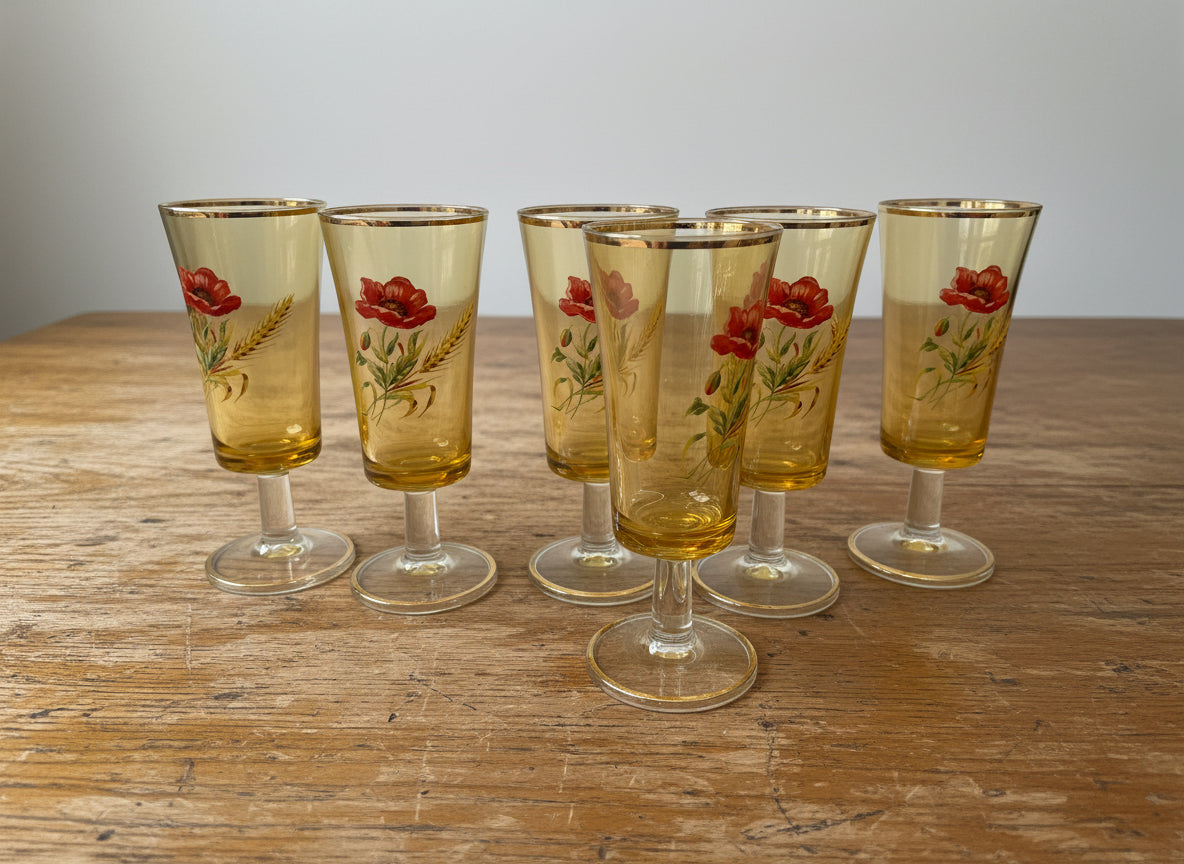 VINTAGE FLORAL AMBER GLASSES SET OF 6