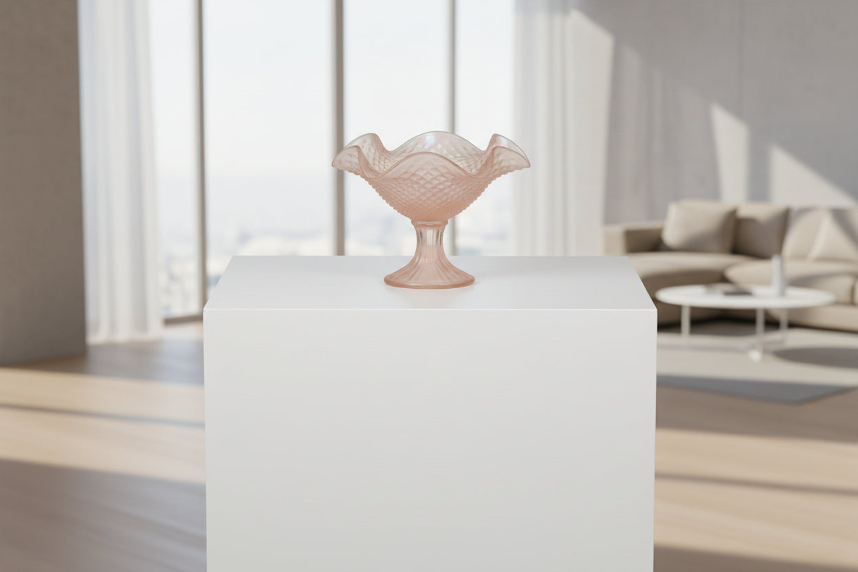 VINTAGE FROSTED PINK GLASS PEDESTAL DISH