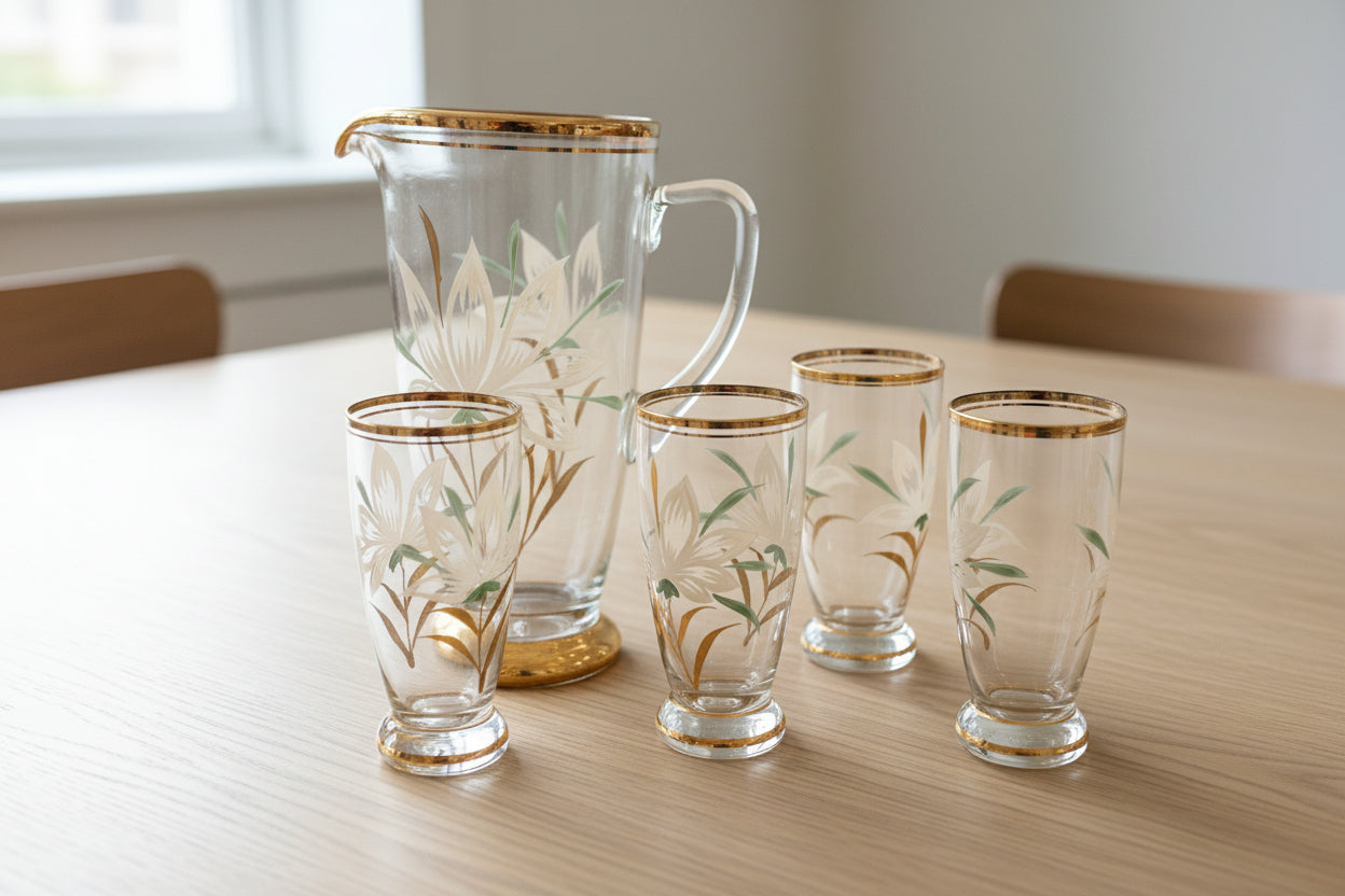 VINTAGE LILLY PITCHER AND SET OF 4 GLASSES