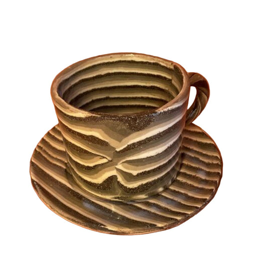 HANDMADE CUP & SAUCER IN BROWN CERAMIC MARBLING