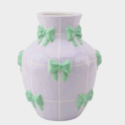LILAC VASE WITH MINT GREEN BOWS