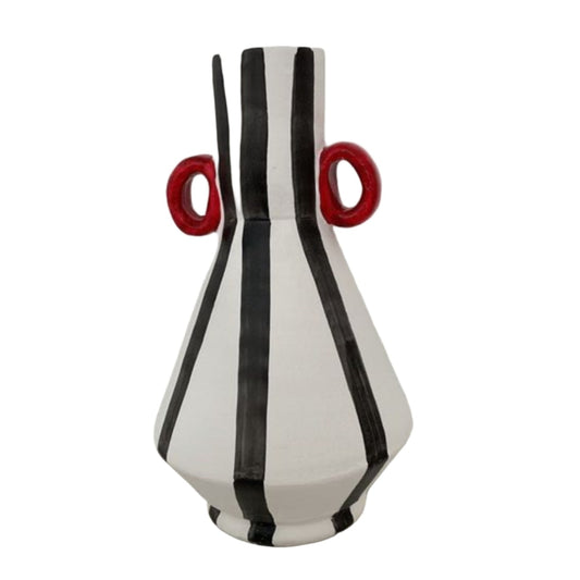 MONOCROME STRIPES AND RED CERAMIC VASE